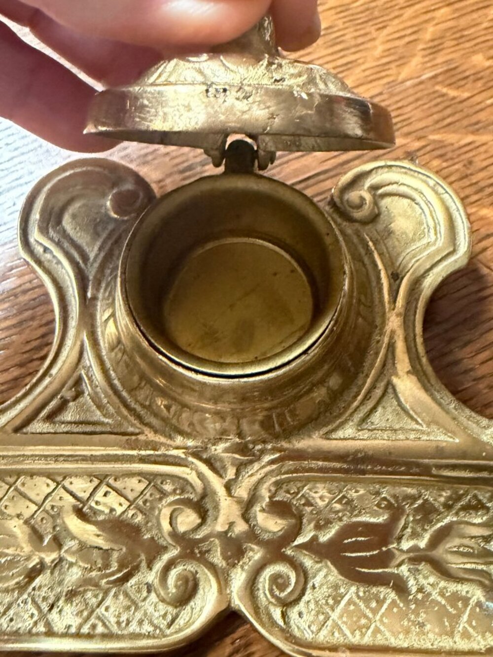 Vintage Japan Ornate Brass Desk Inkwell with Double Pen Rest